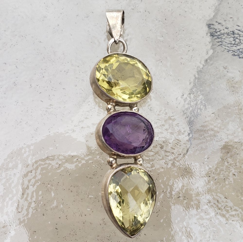 Sterling Silver Lemon Quartz Amethyst Pendant